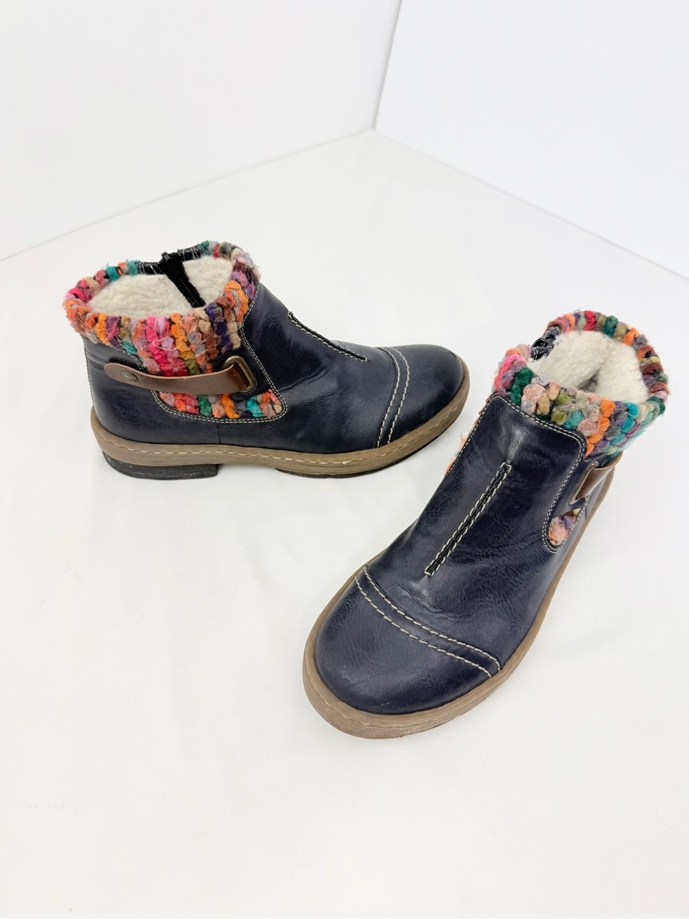 Rieker FELICITAS Ocean Blue Leather Multicolor Yarn Wool Fleece Zip Ankle Boots - Picture 4 of 16